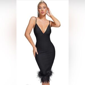 Black feather trim dress small stretchy